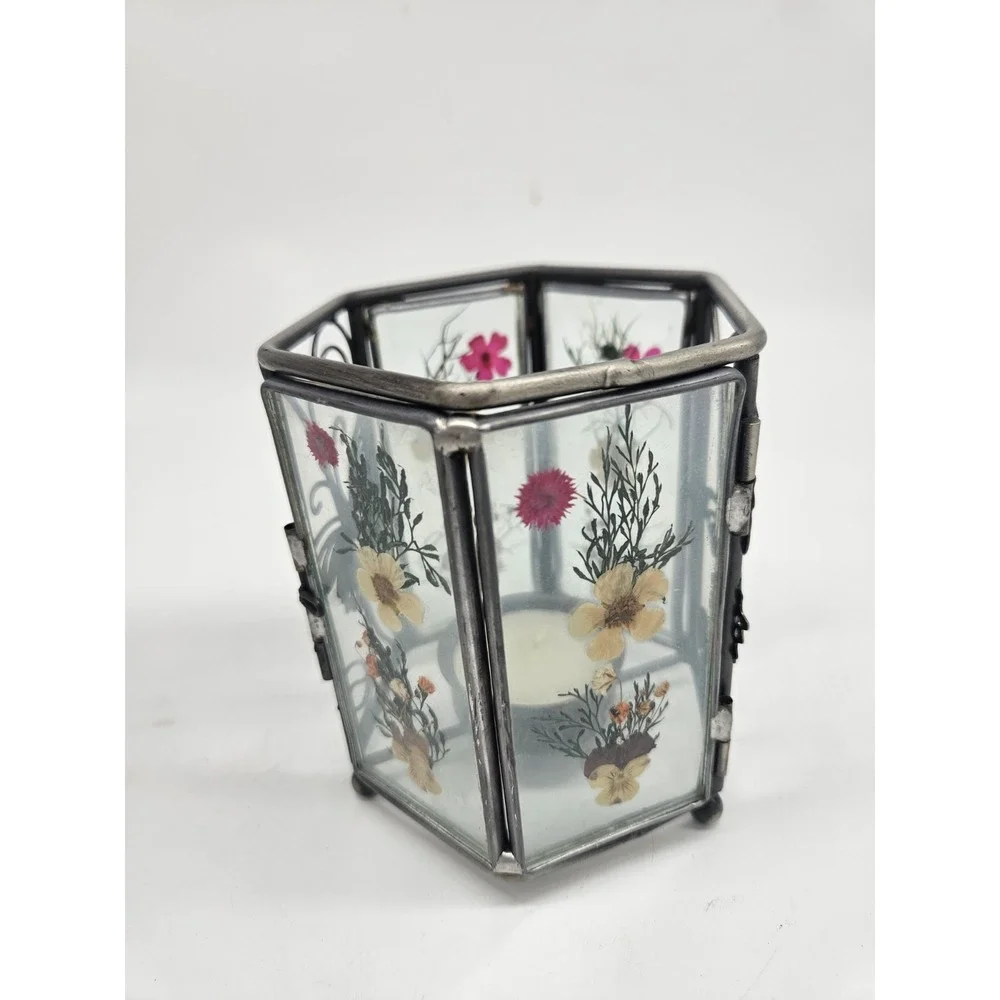 Vintage Dried Pressed Flower Glass Candle Tea Light Votive Holder Square Silver